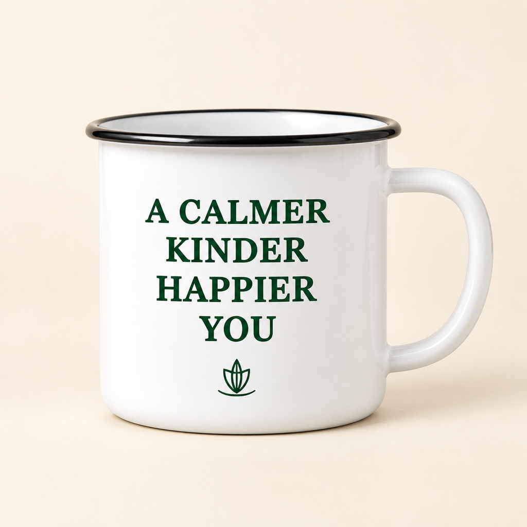 Calmer, Kinder, Happier Enamel Mug — White